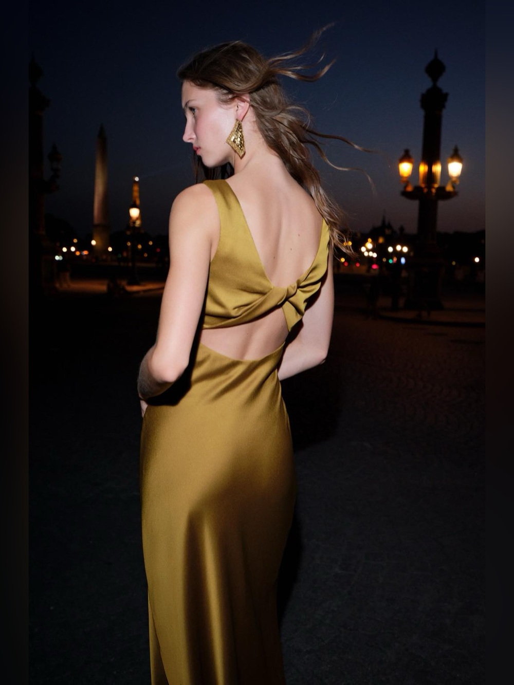 ZARA Olive Chartreuse Satin Midi Maxi Gown Dress